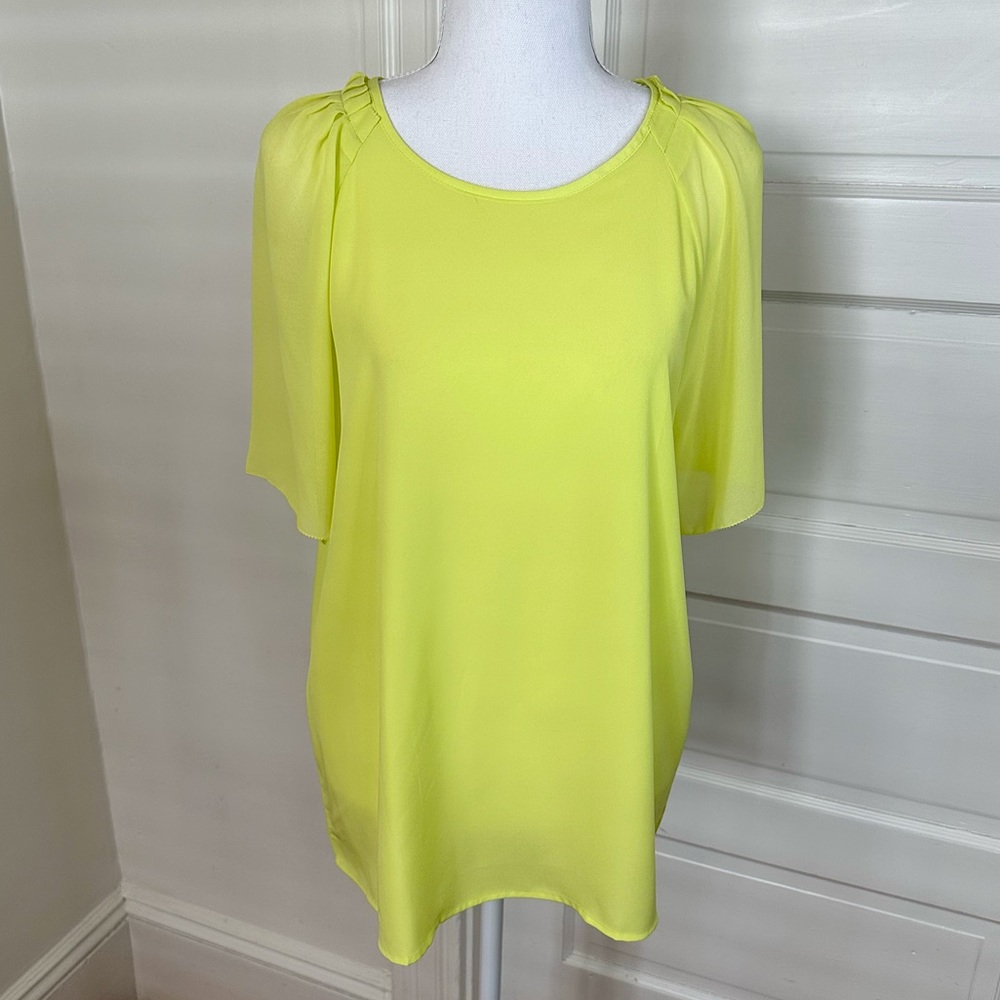 NWT Ann Taylor Neon Green Sheer Elbow Sleeve Blouse, Size Large